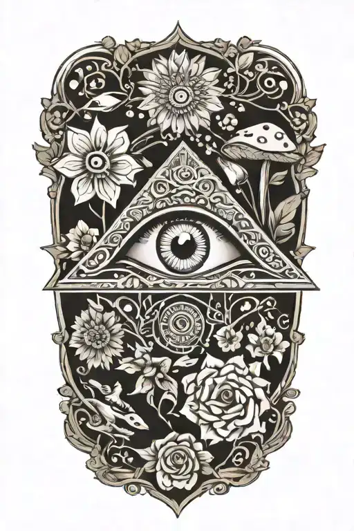 All Seeing Eye In Mandala With Flowers And Mushrooms