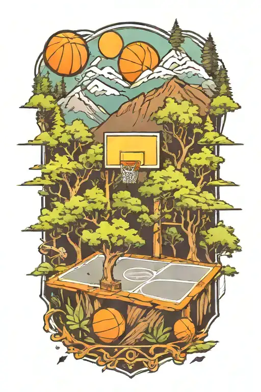 A Basketball Court With Nature Elements Like Trees And Mountains Integrated Into The Design