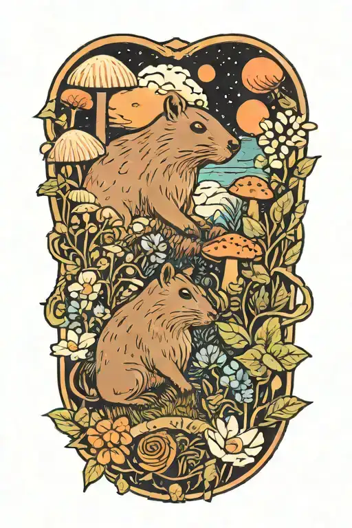 Capybara And Cat In A Field Of Flowers And Mushrooms With Planets In The Sky