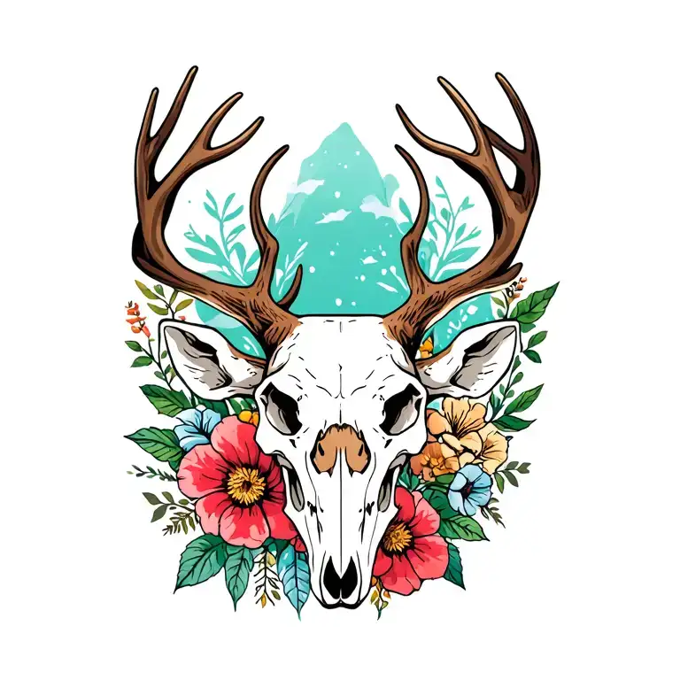 Deer Skull And Flowers Surrounding