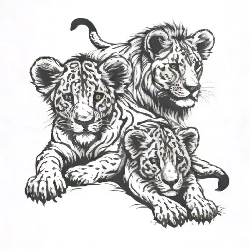 Lion Lioness 4 Cubs Playing