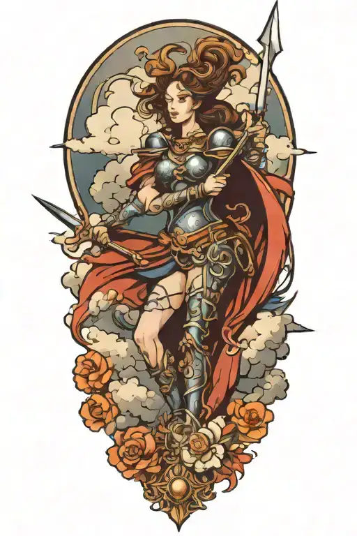 Baroque Style Woman Warrior With A Spear In Clouds