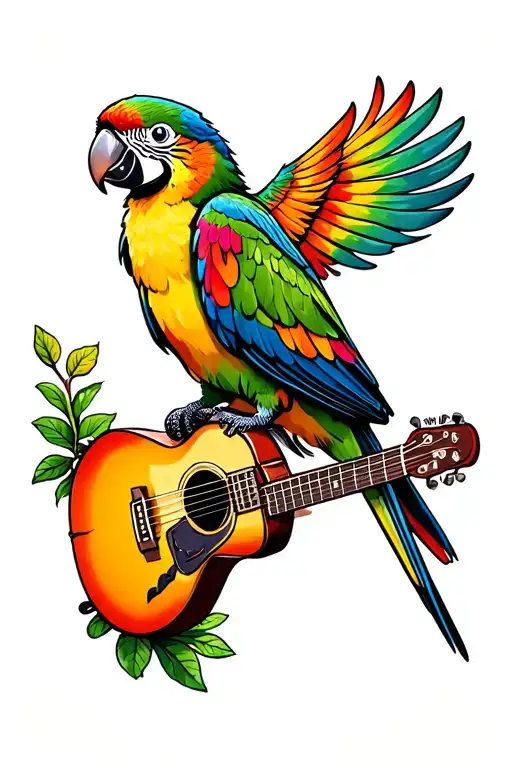 Mini Parrot Perched On A Guitar