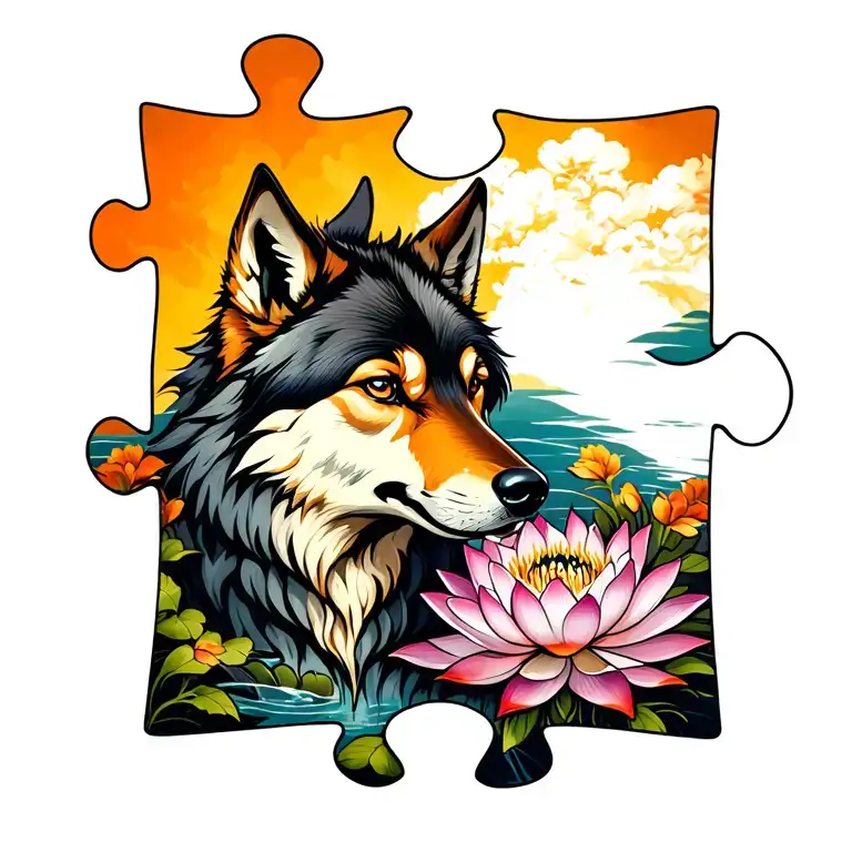 A Puzzle Piece With A Wolf And Lotus Flower