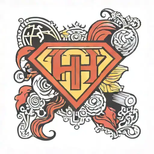 A Tattoo With I And H In German Font Around A Superman Logo
