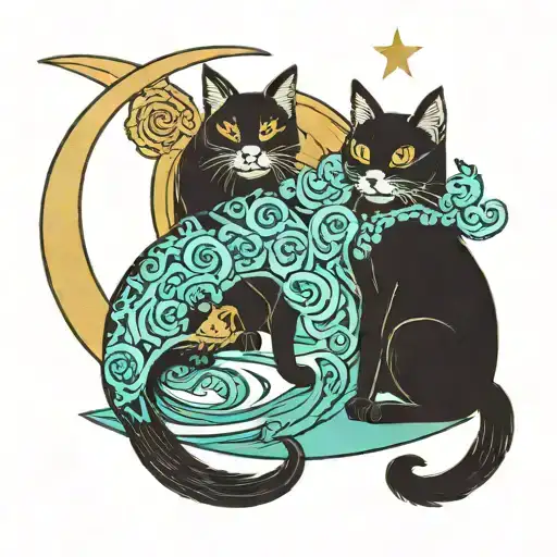 2 Black Cats Sitting On A Aqua & Gold Crescent Moon