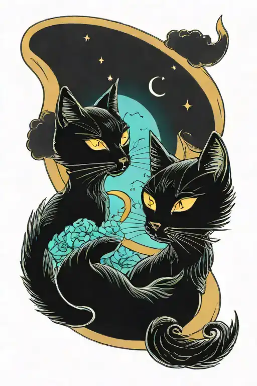 2 Black Cats Sitting On A Aqua & Gold Crescent Moon