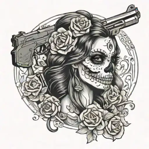 Chicano Girl Skull With A Gun