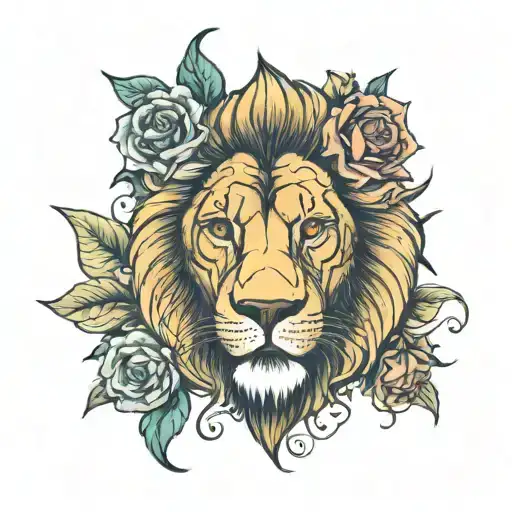 Lion Face Full Colour With Flowers A Book And A Hour Glass Bicep