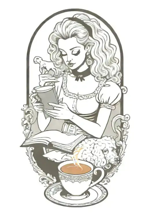 Alice In Wonderland Reading A Book With A Cup Of Coffee And A Poodle Dog