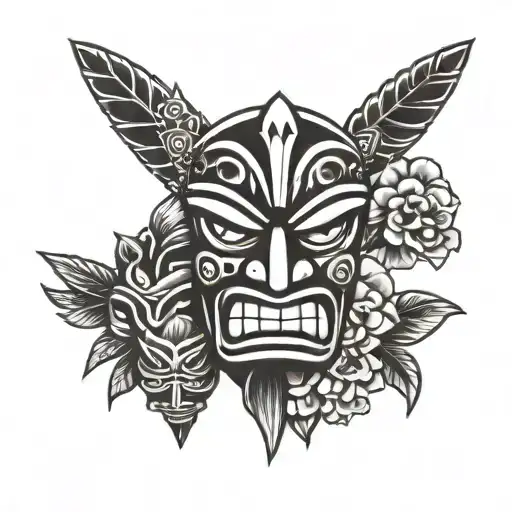 Tiki Mask Totem Pole Black And White