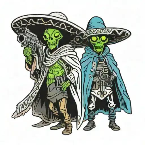 Two Aliens Having A Mexican Stand Off With Ray Guns Wearing Ponchos