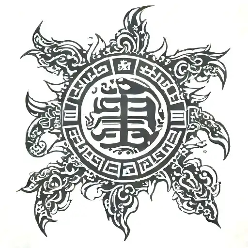 Chinese Writing Inside A Mexican Sun Shining Brightly