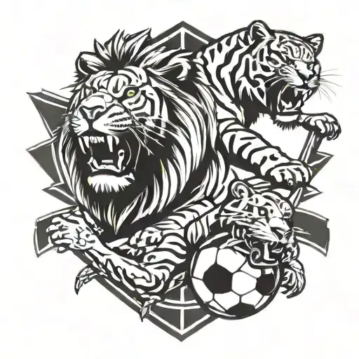 Lion And Tiger With Cross And Football