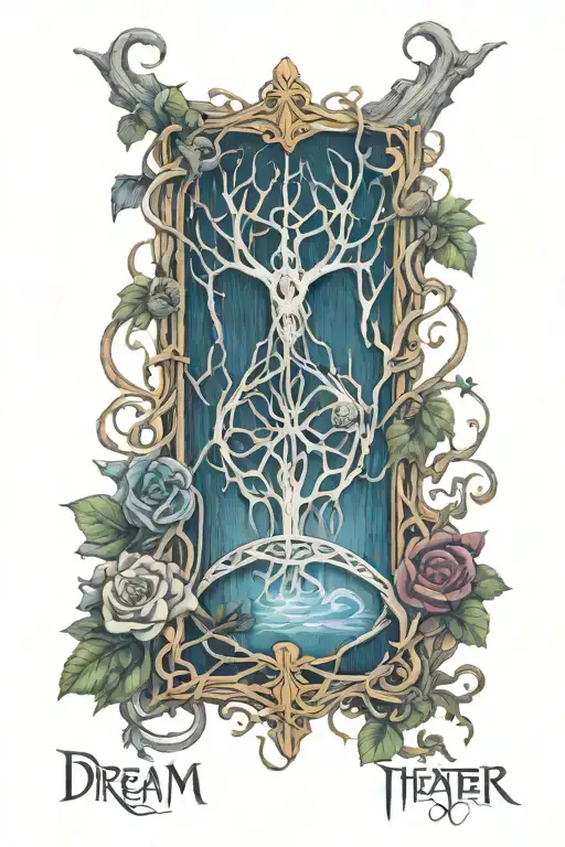 Dream Theater Logo But In Nature Elements Like Trees Sketch Style With Flowers