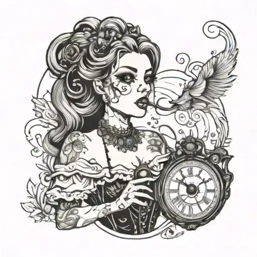 Pretty Gothic Lady Blowing A Pocket Watch Into Dust