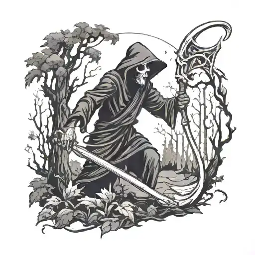 Grim Reaper Holding His Scythe In The Night Surrounded By Trees Looking For His Next Victim
