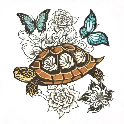 Turtle And Butterfly And Lotus Flower