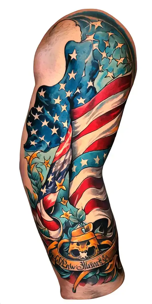 Patriotic Sleeve Tattoo Depicting Various Types