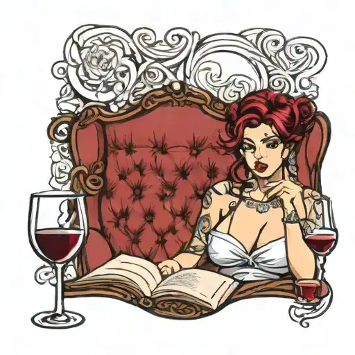 Beautiful Large Breasted Women Reading A Book And Drinking Wine