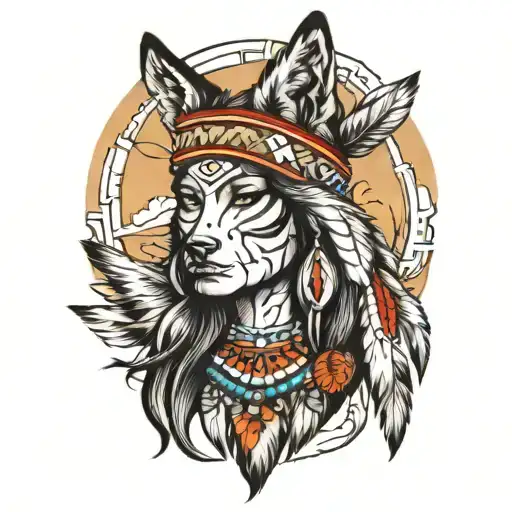 Beautiful Native American Woman Sleeve With Wolf Hat