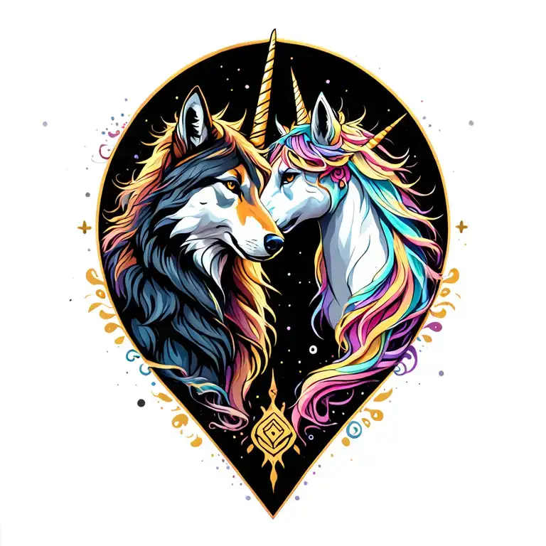 Unicorn And A Wolf Playing