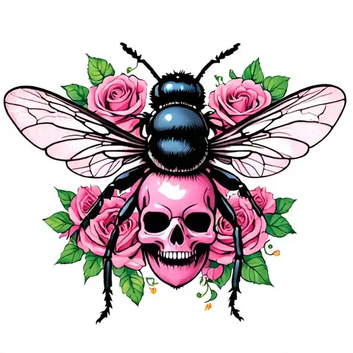 Pink Bee With Skulls And Roses