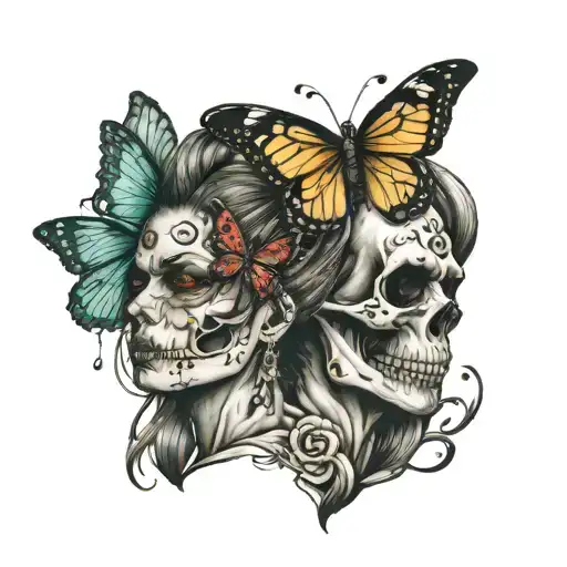 Skull And Butterfly And Angry Woman Portrait