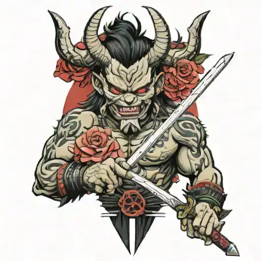 Oni And Roses With A Katana Through The Middle