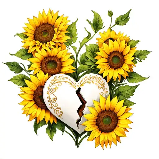 Broken Porcelain Heart Aggradised In Gold Surrounded By Yellow Sunflowers
