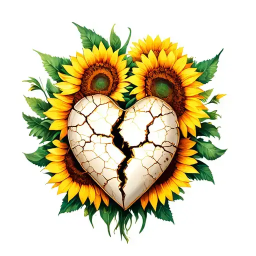 Broken Porcelain Heart Where The Cracks Are Aggradised In Gold Then Surrounded By Yellow Sunflowers