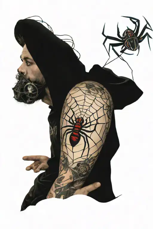 3D Spider On Shoulder Sitting In A Large Web That Covers Back With Random Music Festival Logos