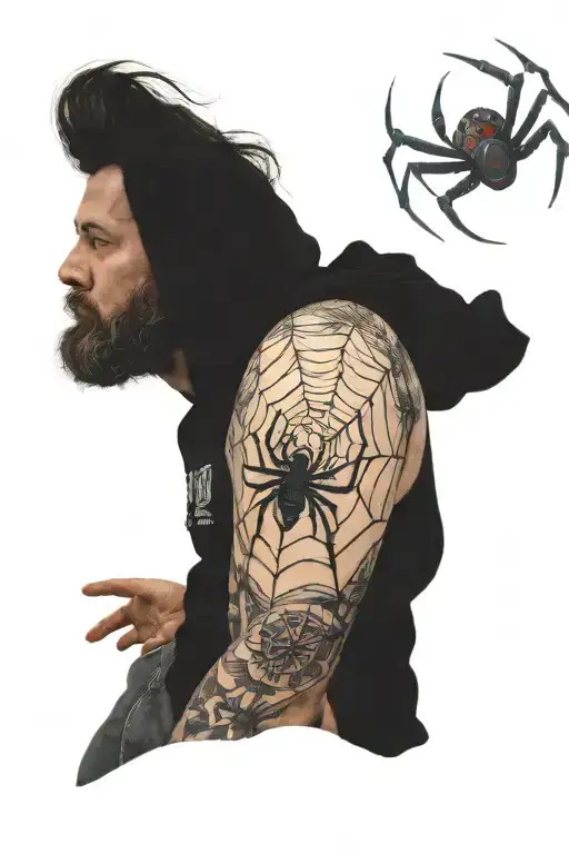 3D Spider On Shoulder Sitting In A Large Web That Covers Back With Random Music Festival Logos