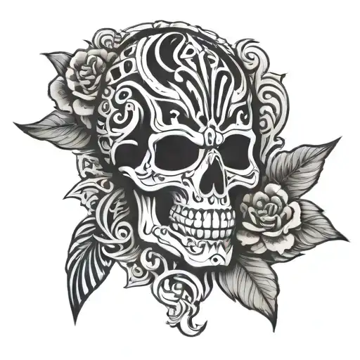 Maori Skull With Black And White Boarder And In The Boarder It Says Ki Te Mata And To The Death