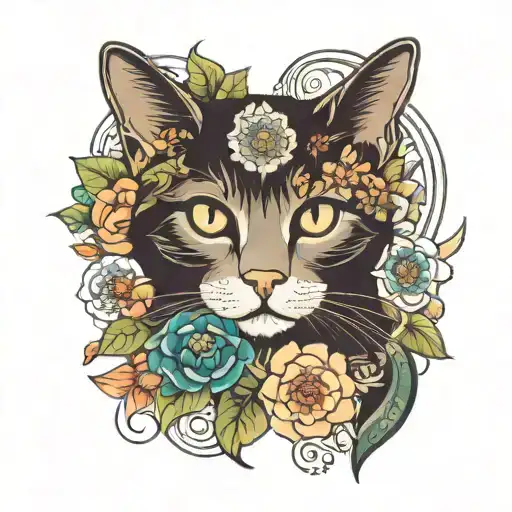 A Cat With Mandala And Flowers Around Behind