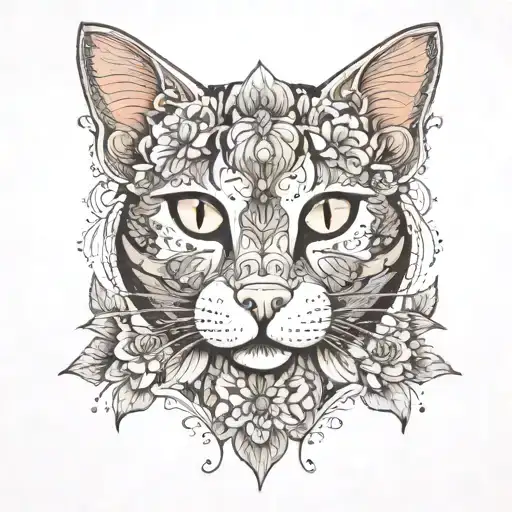A Cat With Mandala Behind And Flowers Around