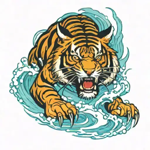 Wood Tiger Walking On Water With Burning Eyes