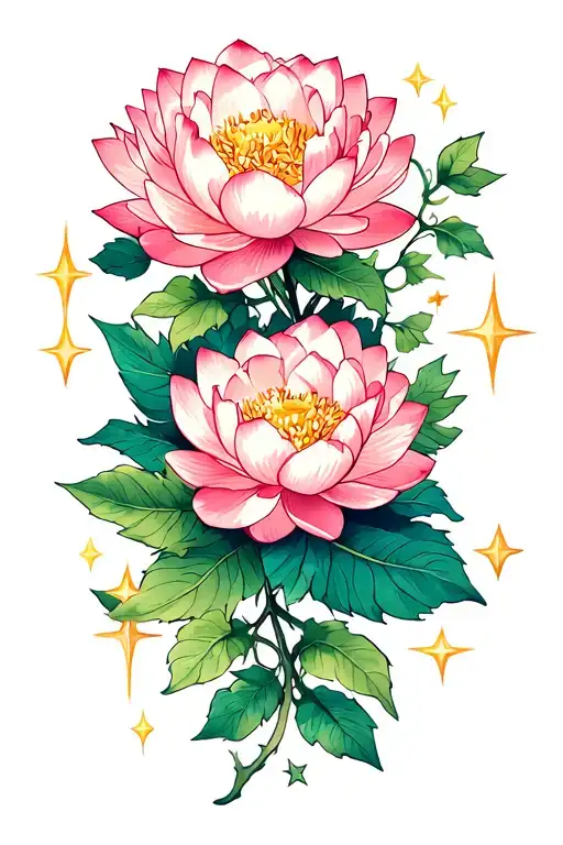 Peonies Lotus Leaves Vines Stars Shining