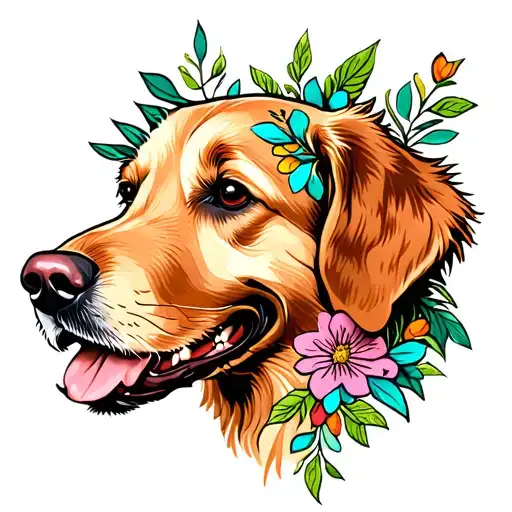 Red Golden Retriever Head With Floral And Greenery