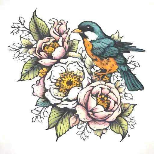 Mornings Glory And Astor Flowers With Three Little Birds