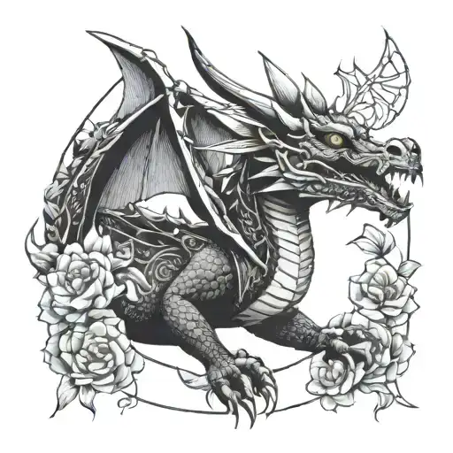Dragon With Geometric Figures Emerging From Flowers And Fine Lines
