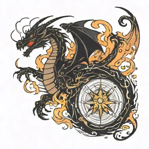 Silhouette Of A Dragon Coming Out Of Fire In Compass Style