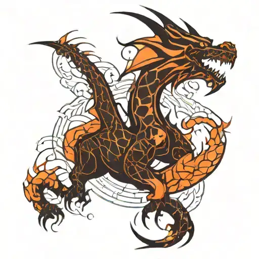 Silhouette Of A Dragon Coming Out Of Fire With Geometric Figures