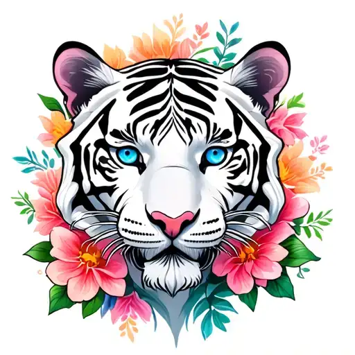 Colorful White Tiger With Blue Eyes And Flowers Blooming