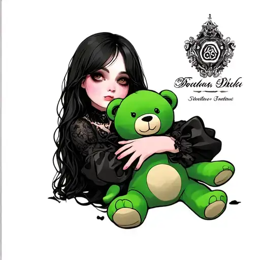 Gothic Girl Holding Green Teddy Bear