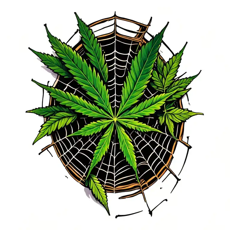 Hemp Leaf And Spider Webs Surrounding