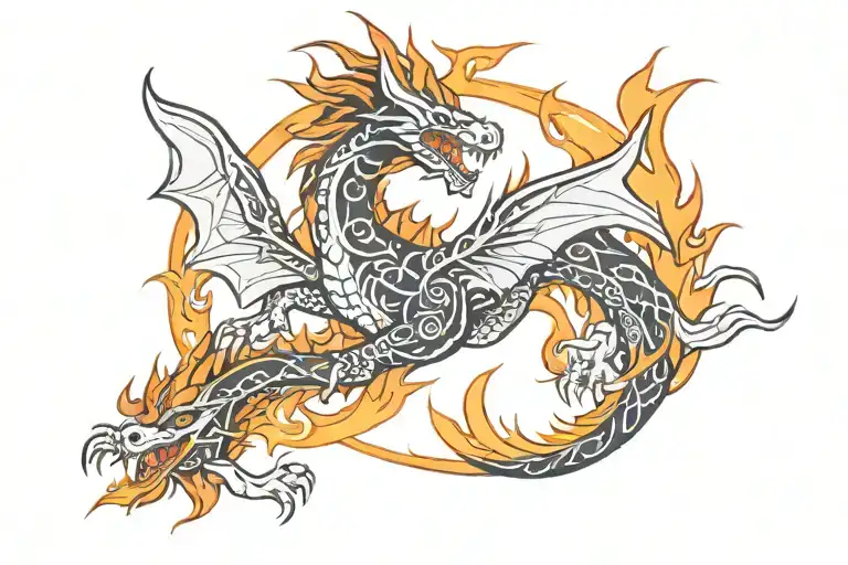 Flame With Tribal Dragon Flying