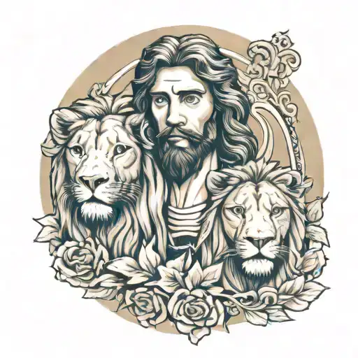Potrait Of Lion And Jesus Christ With Cross Made