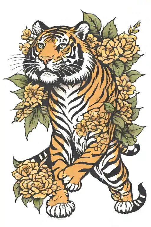Walking Tiger With Flowers