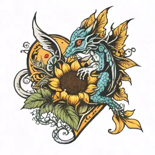 Heart Hand With Sunflower And Baby Dragon